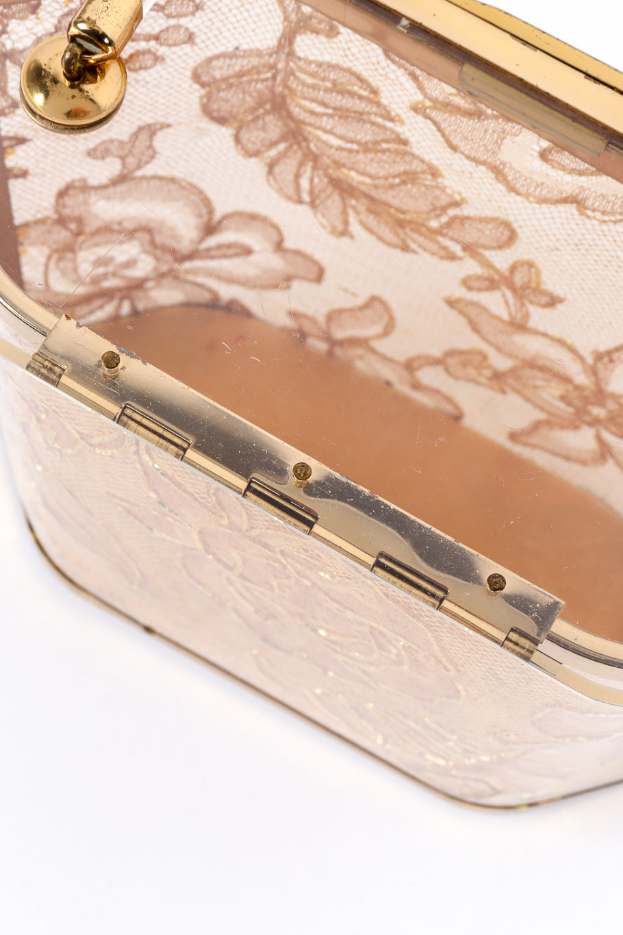 Vintage Majestic Lace Lucite Box Bag back flap hinge closeup @recess la