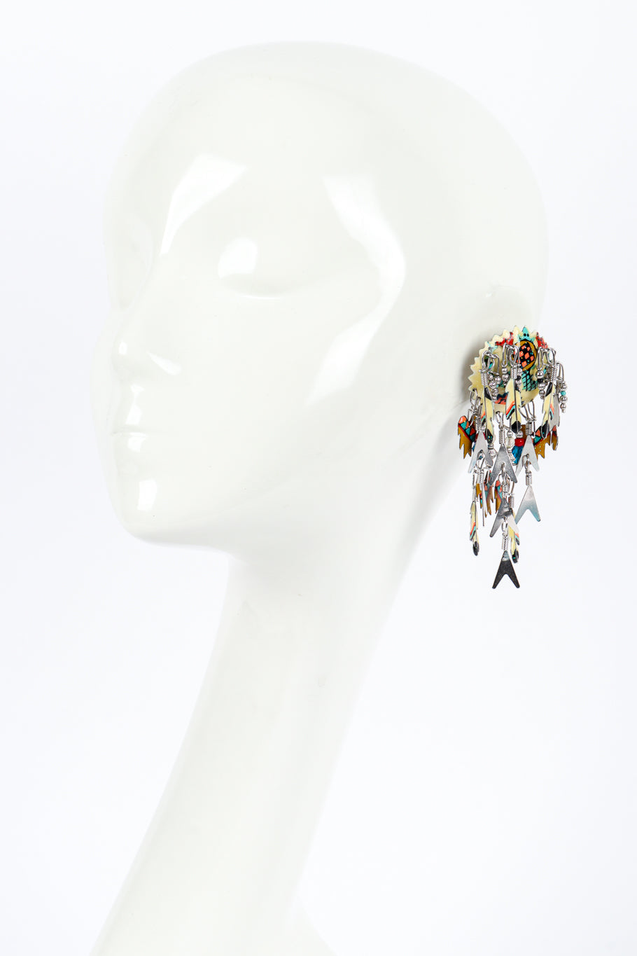 Vintage Lunch at the Ritz Feather Charm Chandelier Earrings on mannequin @recess la