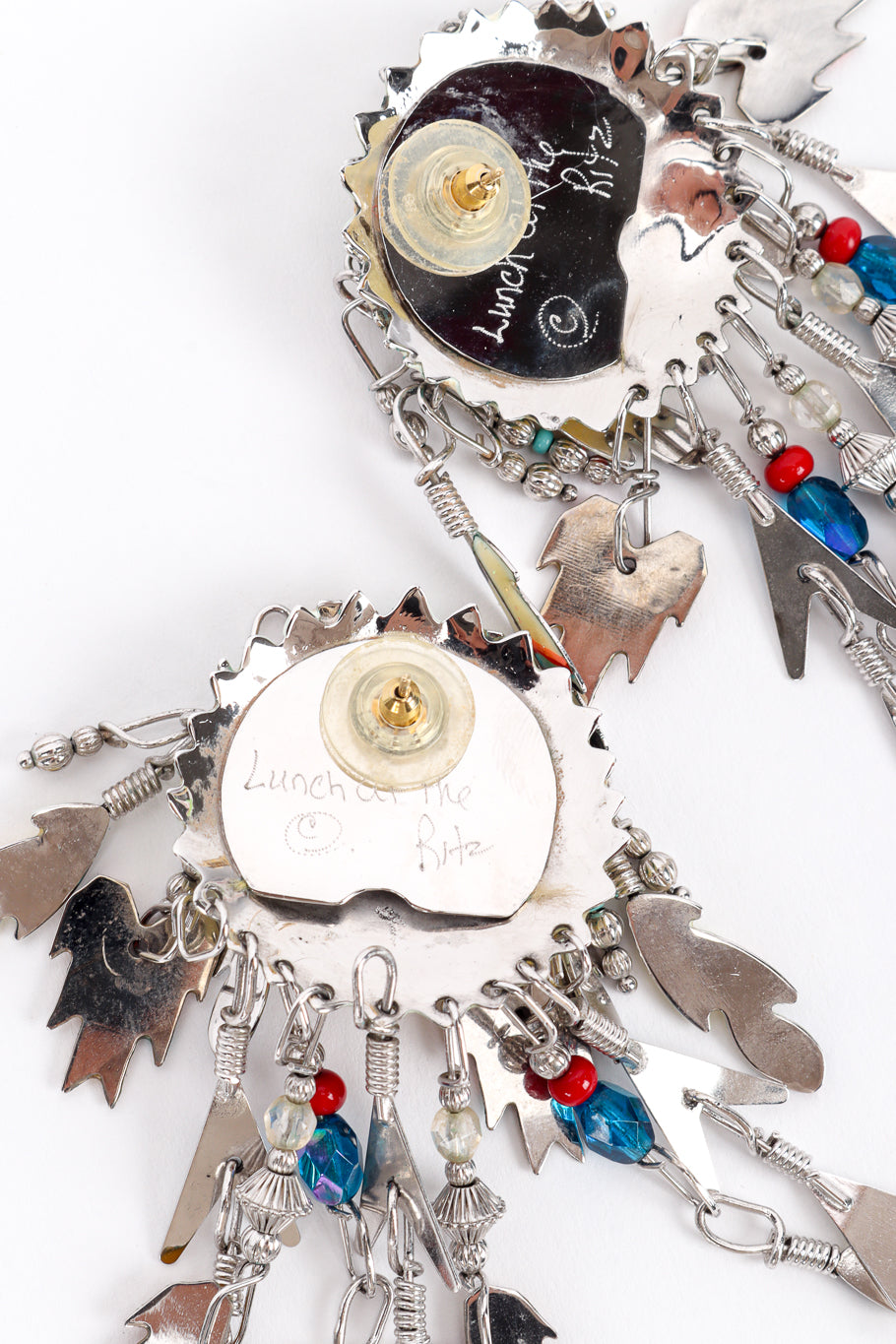 Vintage Lunch at the Ritz Feather Charm Chandelier Earrings back post closeup @recess la