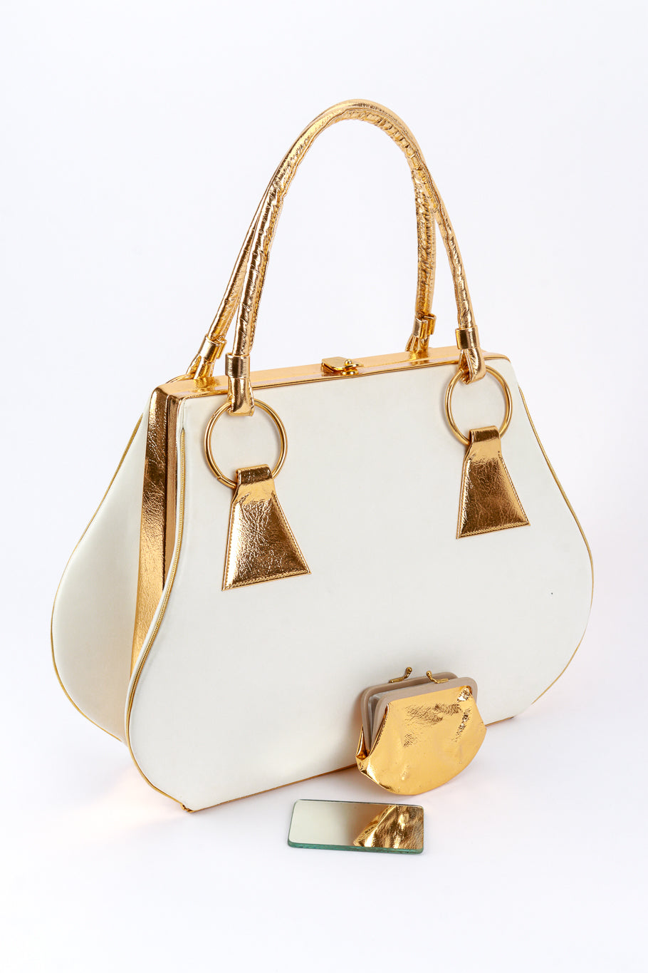 Vintage Murray Kruger Two-Tone Leather Box Bag, Purse & Mirror Set front of all pieces @recess la