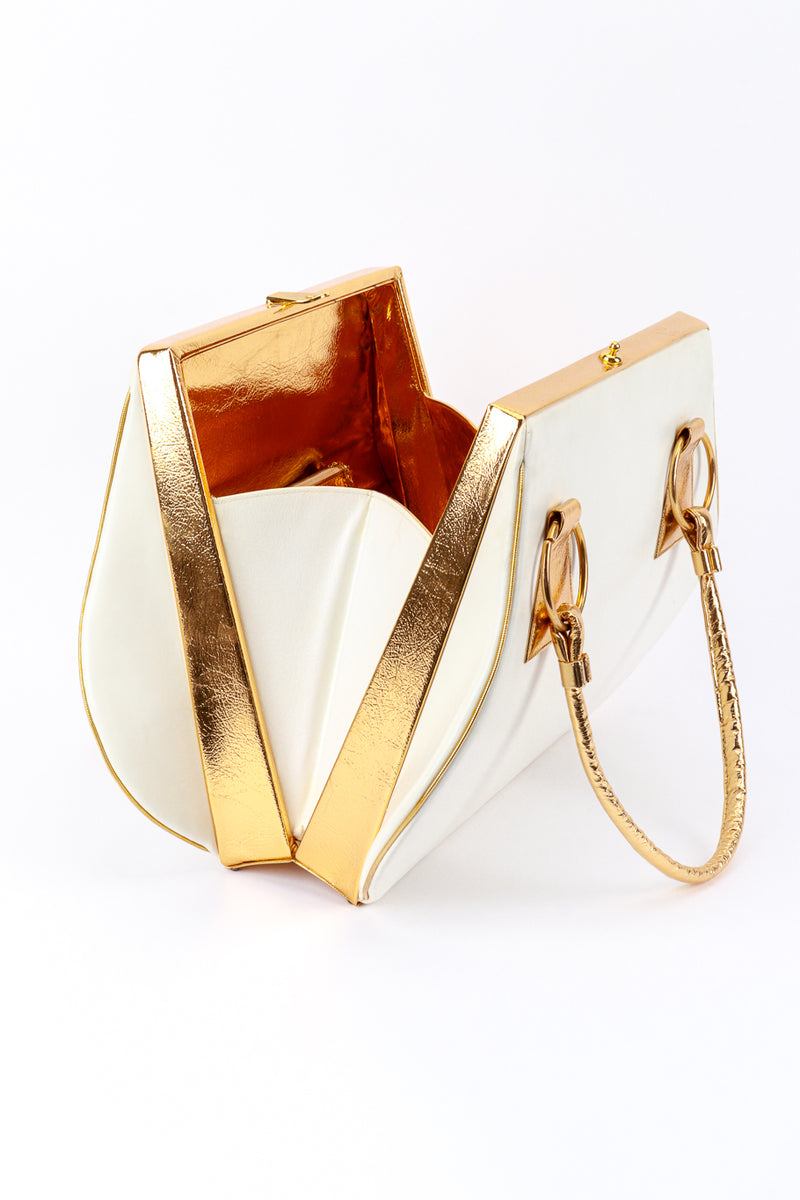 Vintage Murray Kruger Two-Tone Leather Box Bag, Purse & Mirror Set side open @recess la