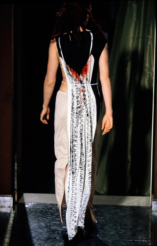 Vintage Margiela Abstract Reptile Dress print on model back with red on 1999 runway