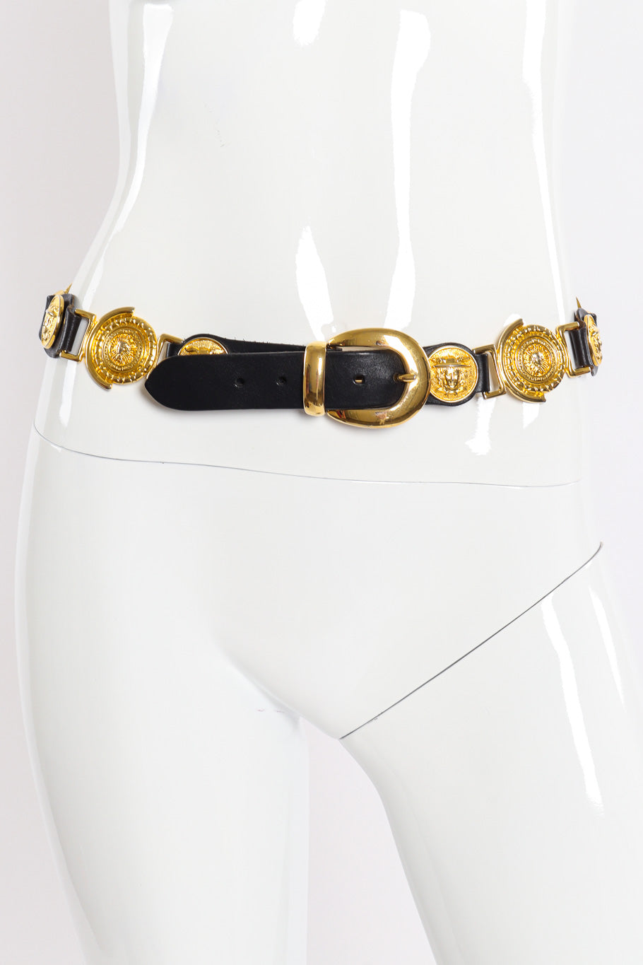Medallion linked leather belt by Milos on white background on mannequin @recessla