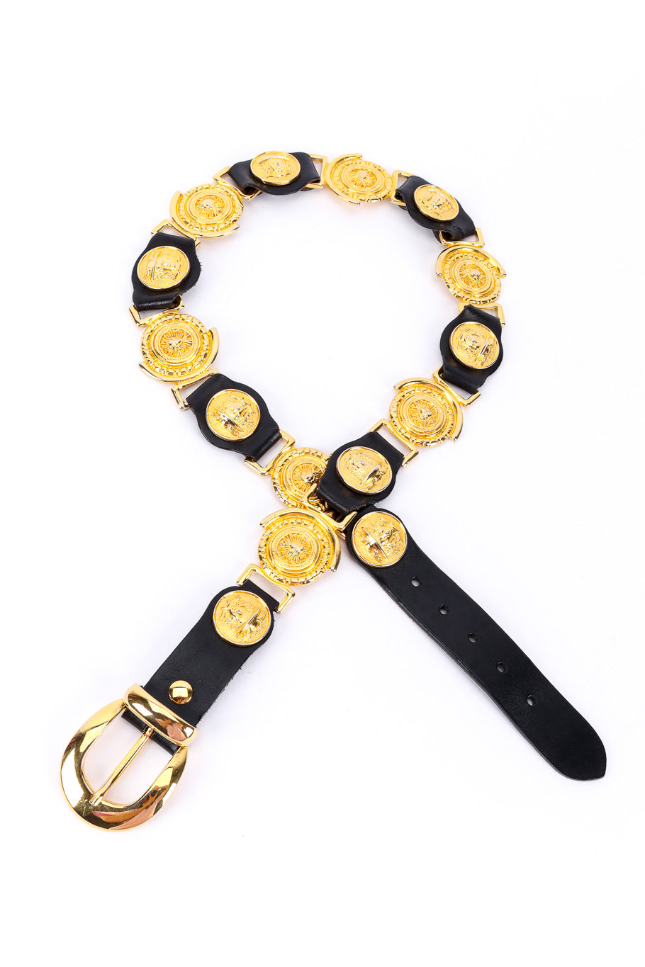 Medallion linked leather belt by Milos on white background looped @recessla