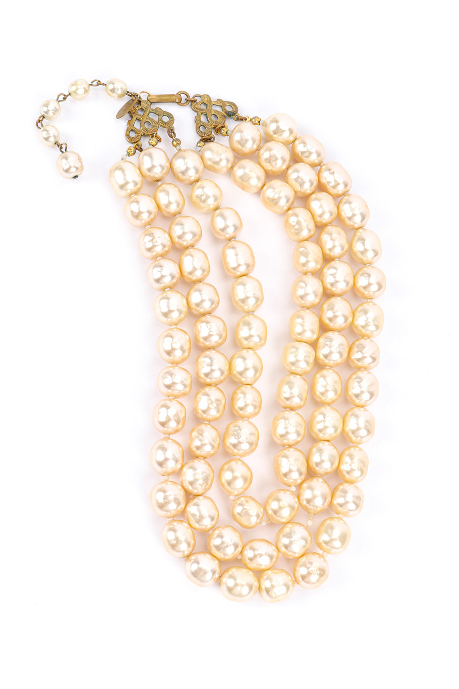 Vintage Miriam Haskell 3-Strand Pearl Collar Necklace full view closeup @recessla