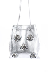 Miu Miu Metallic Drawstring Bag front on whit backdrop @Recessla