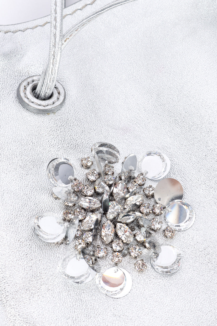 Miu Miu Metallic Drawstring Bag crystal cluster closeup @Recessla