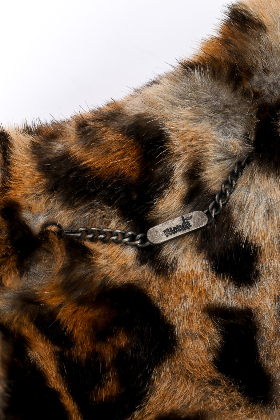 Vintage Mondi Leopard Print Faux Fur Jacket signature chain closeup @recessla