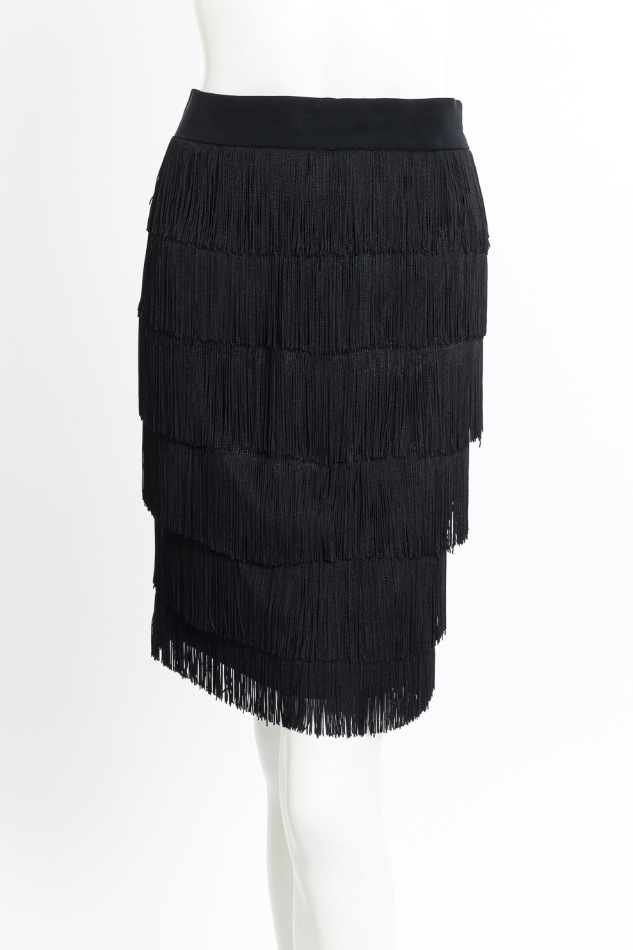 Vintage Moschino Couture Fringe Jacket and Skirt Set skirt front on mannequin @recessla