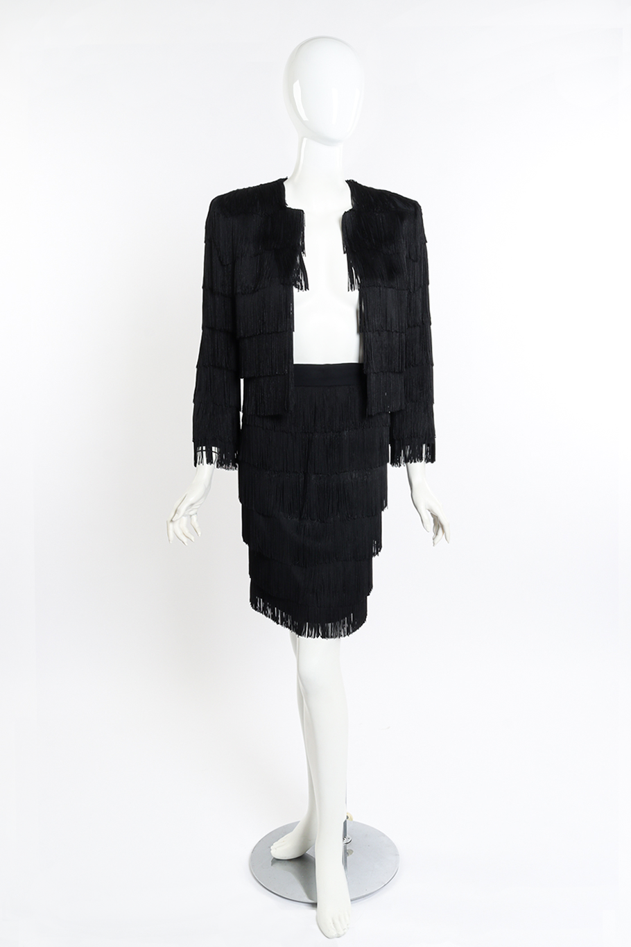 Vintage Moschino Couture Fringe Jacket and Skirt Set front on mannequin @recessla