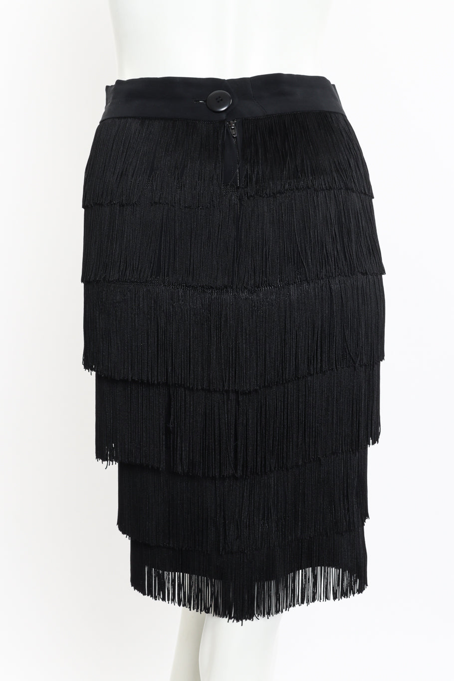 Vintage Moschino Couture Fringe Jacket and Skirt Set skirt back on mannequin closeup @recessla