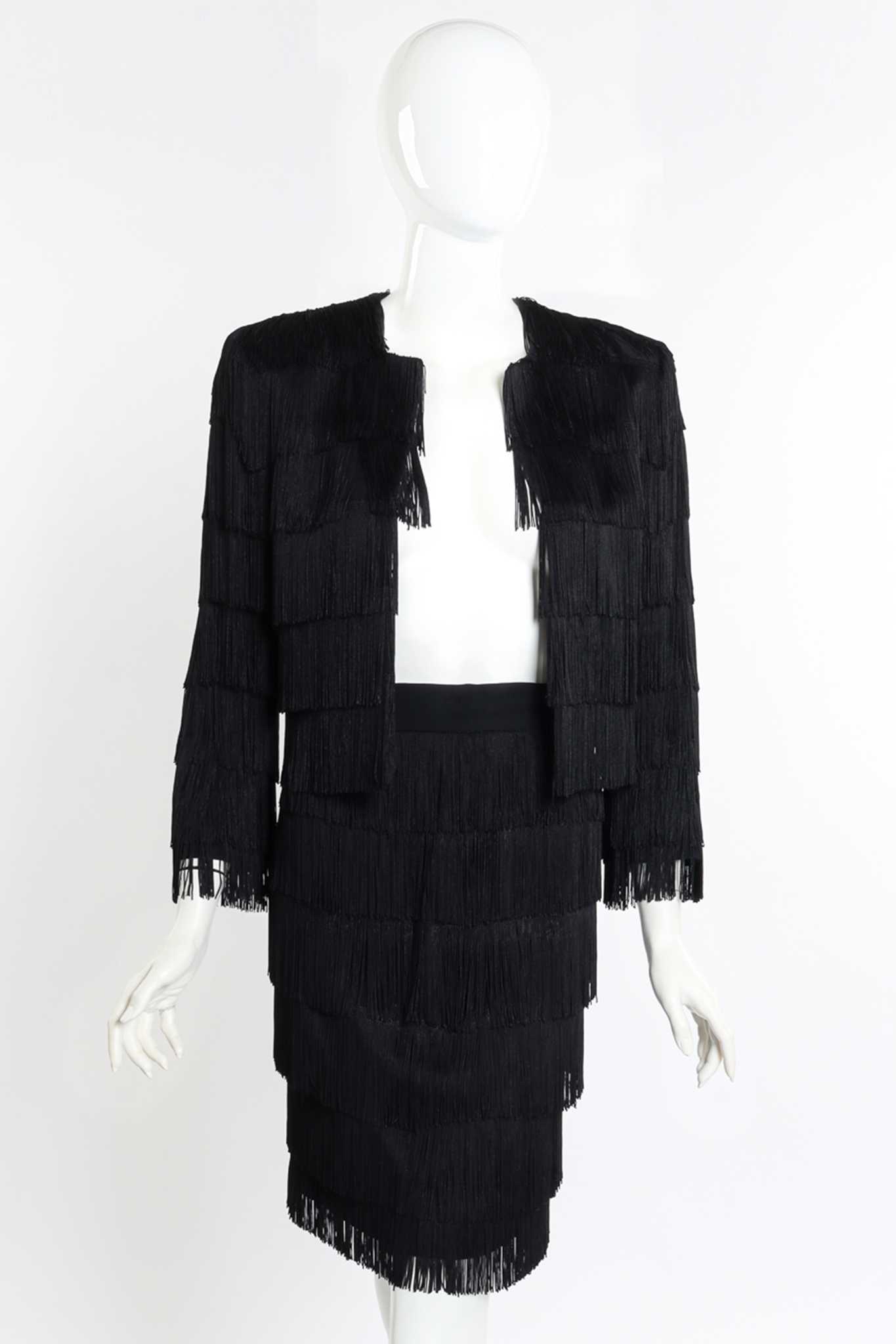 Vintage Moschino Couture Fringe Jacket and Skirt Set front on mannequin closeup @recessla