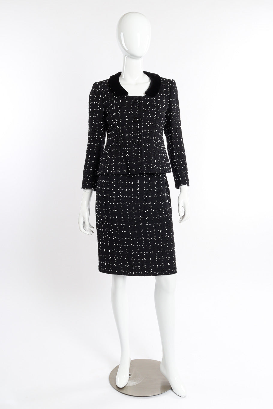 Vintage Moschino Dot Bouclé Jacket and Skirt Set front view on mannequin @recessla