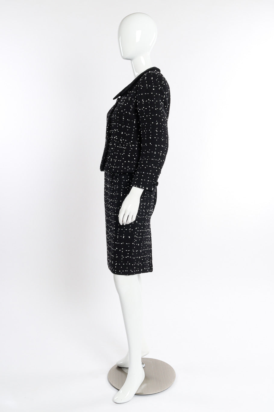 Vintage Moschino Dot Bouclé Jacket and Skirt Set side view on mannequin @recessla