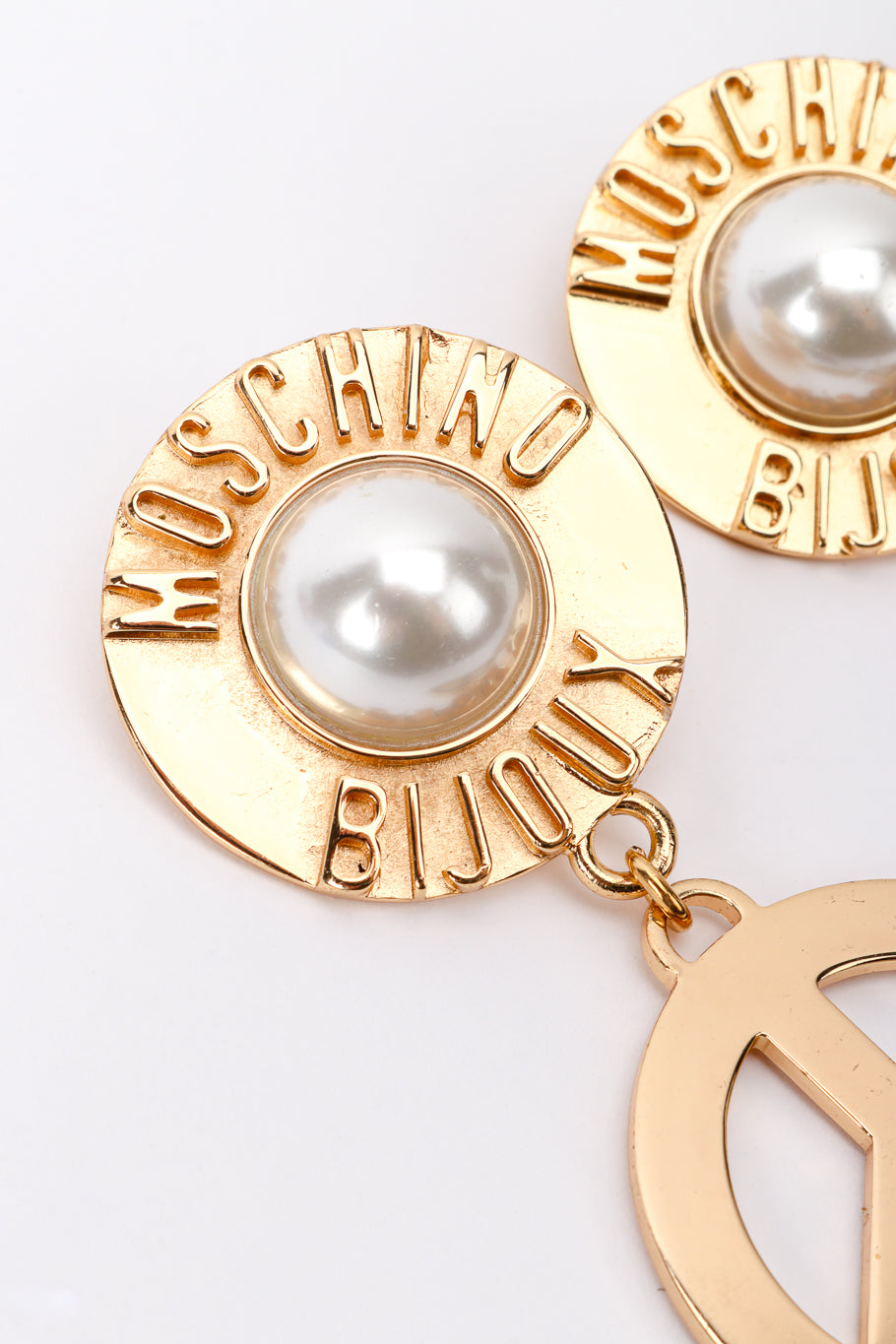 Vintage Moschino Bijoux Peace Drop Earrings pearl top closeup @recess la