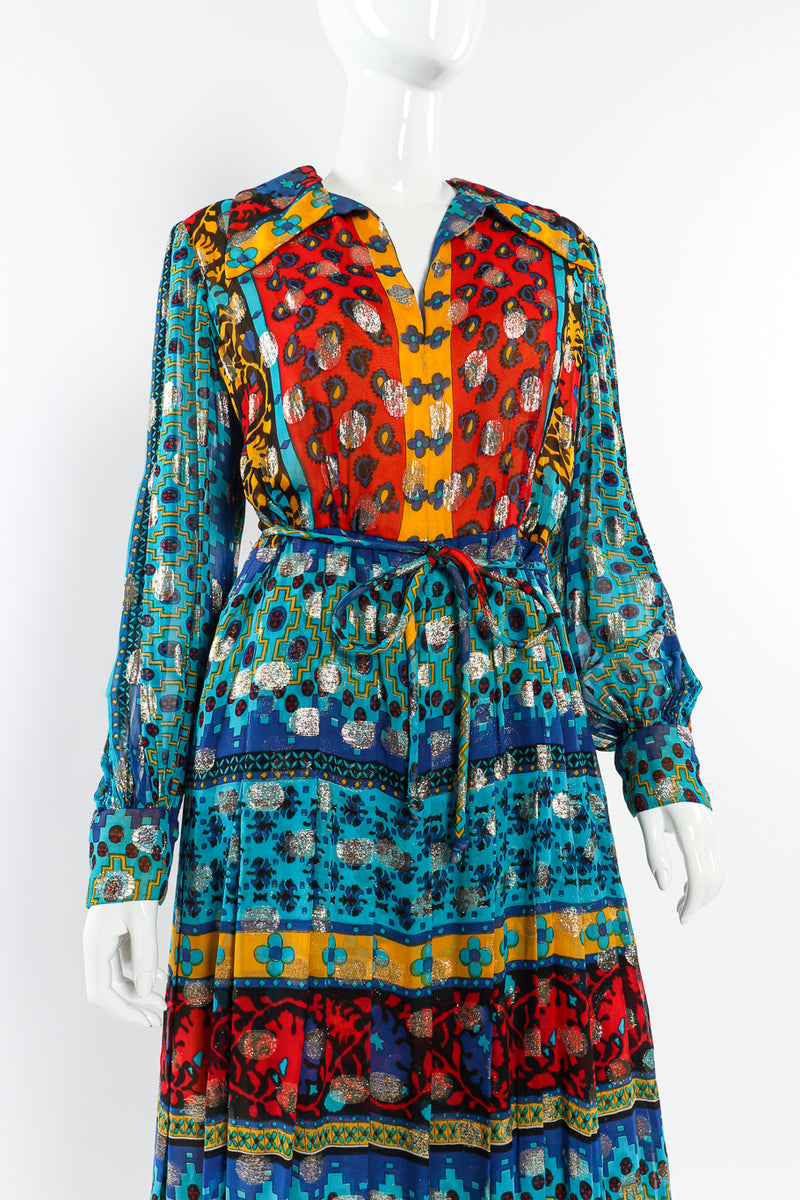 Vintage Malcolm Starr Paisley Print Hostess Dress front view on mannequin closeup @Recessla