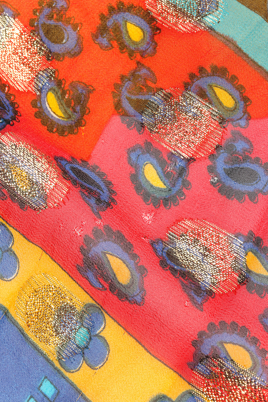 Vintage Malcolm Starr Paisley Print Hostess Dress tear in fabric closeup @Recessla