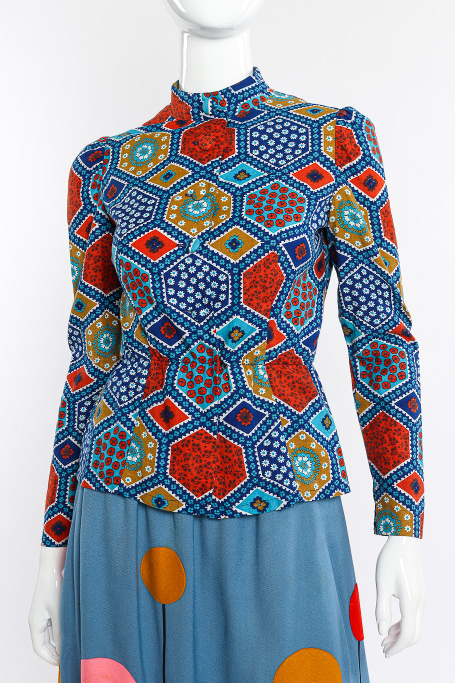 Vintage Malcolm Starr Geometric Top and Skirt Set front on mannequin closeup @recessla