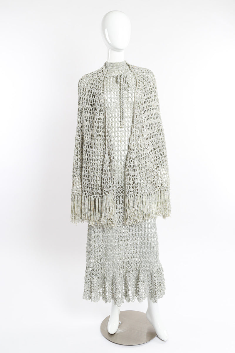 Metallic Silver Crochet Net Dress & Poncho on mannequin @recessla