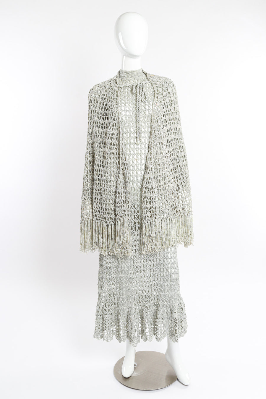 silver crochet dress Vintage Mady Gerrard Metallic Silver Crochet Net Dress & Shawl – Recess