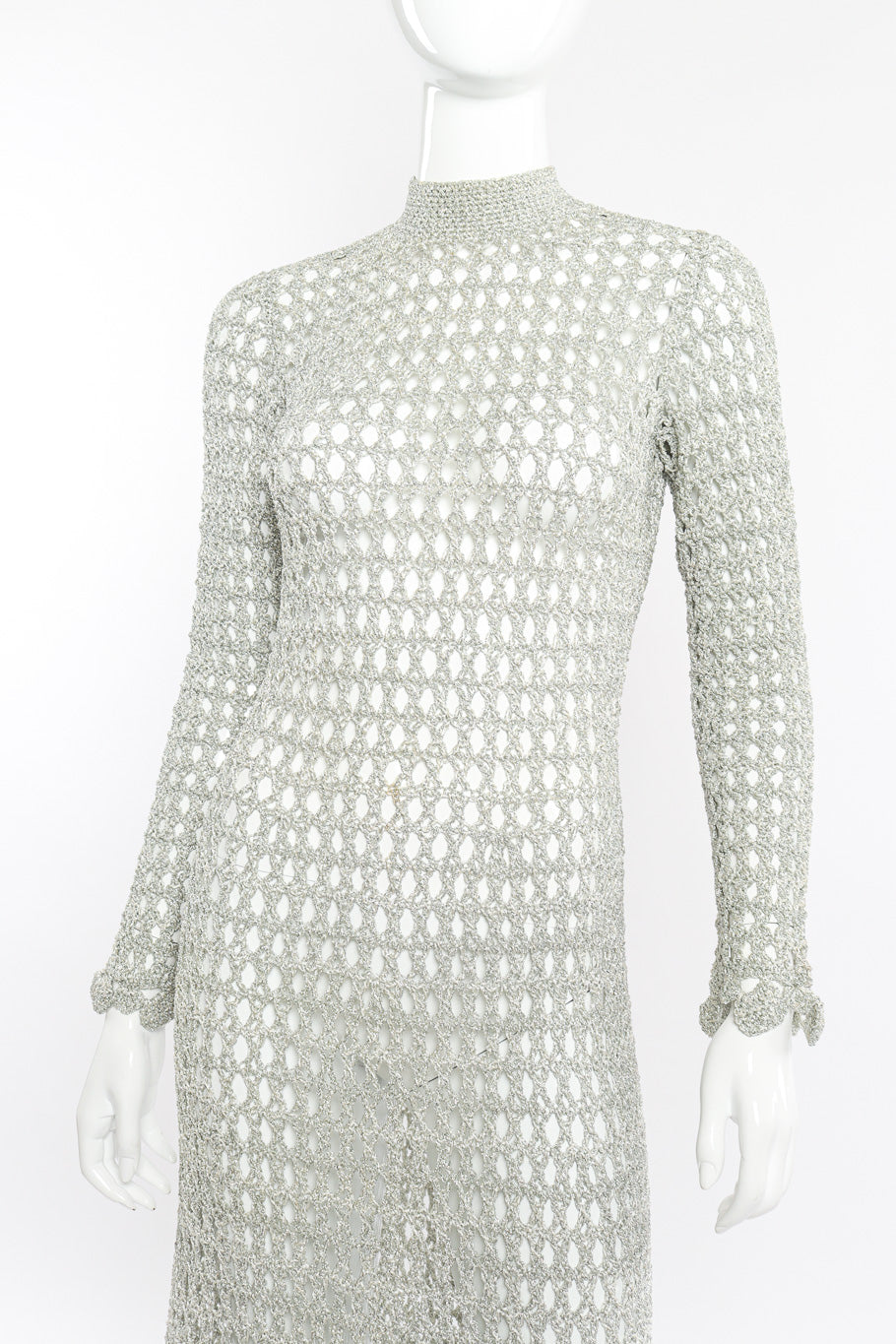 Metallic Silver Crochet Net Dress & Poncho on mannequin dress only front close @recessla