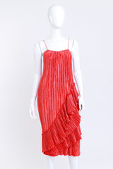 Vintage Mary McFadden Pleated Asymmetric Ruffle Dress front on mannequin @recess la