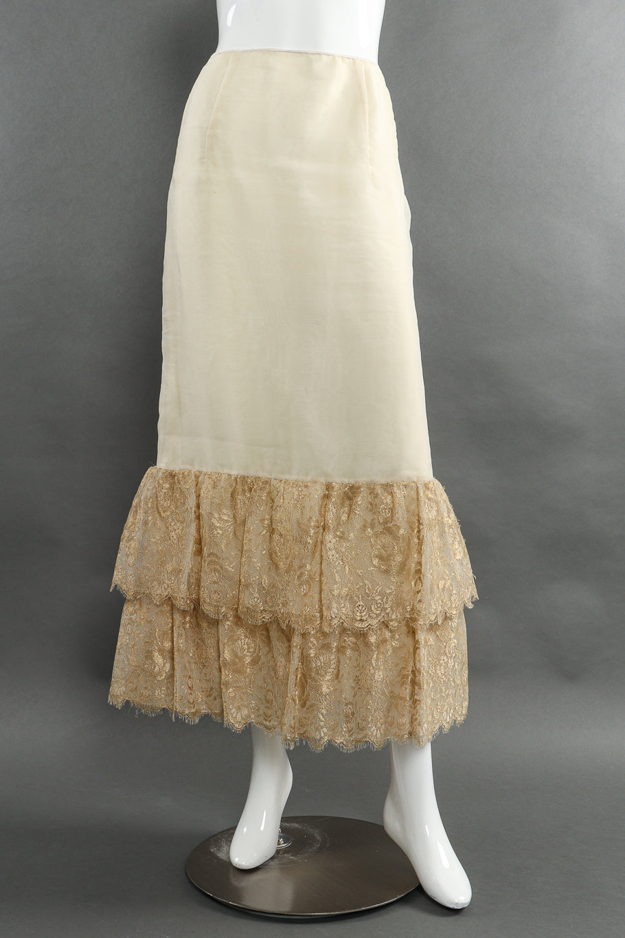 Vintage Mary McFadden Tiered Lace Mermaid Skirt front view on mannequin @Recessla