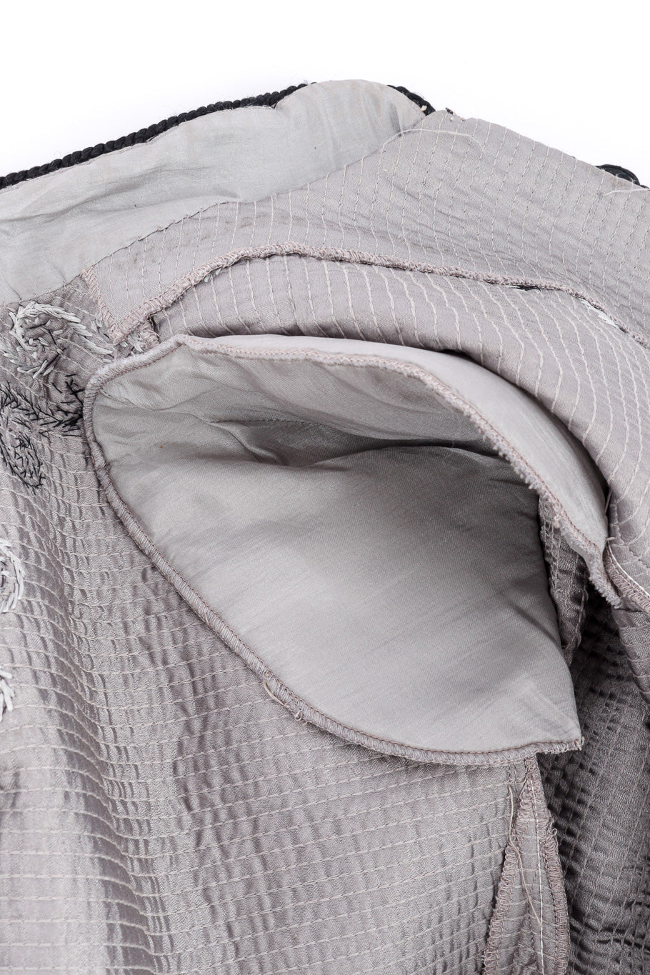 Vintage Mary McFadden Embroidered Quilt Duster shoulder pad closeup @recessla