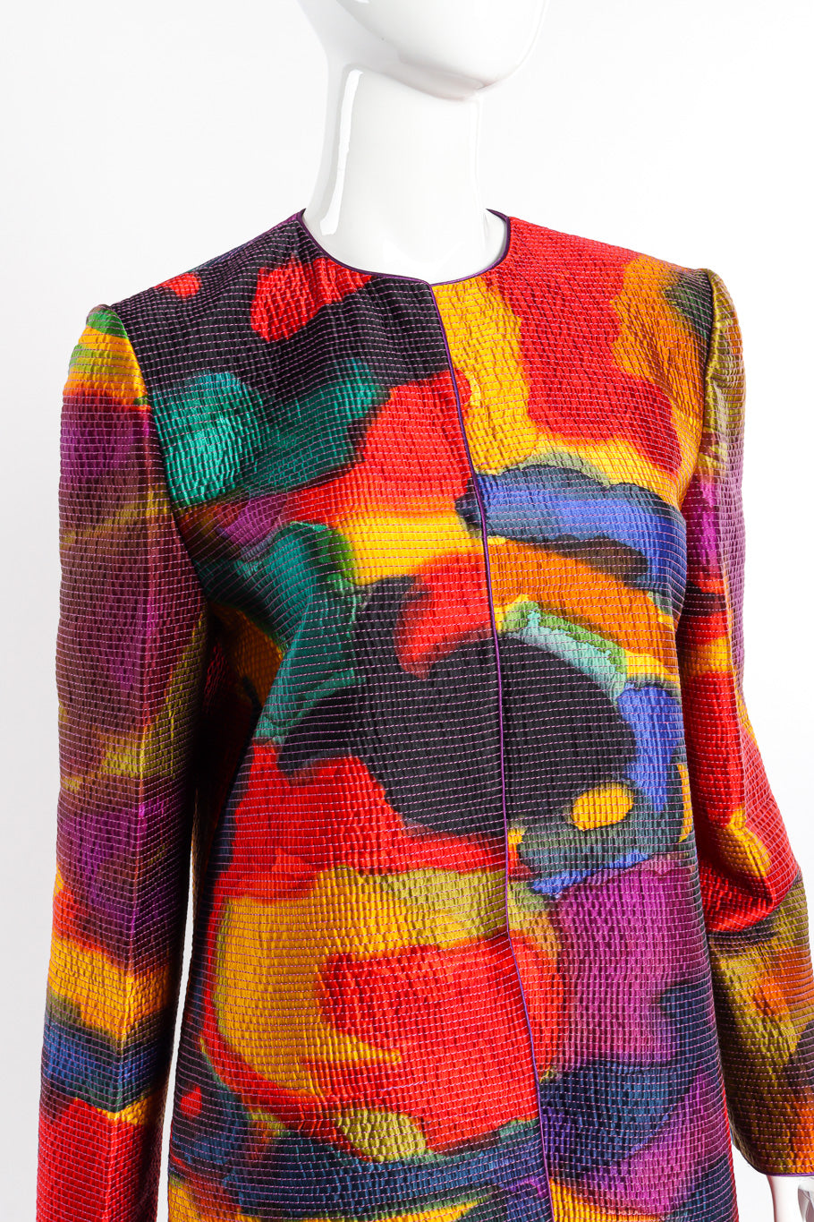 Vintage Mary McFadden Quilted Silk Splotch Jacket front on mannequin closeup @recessla
