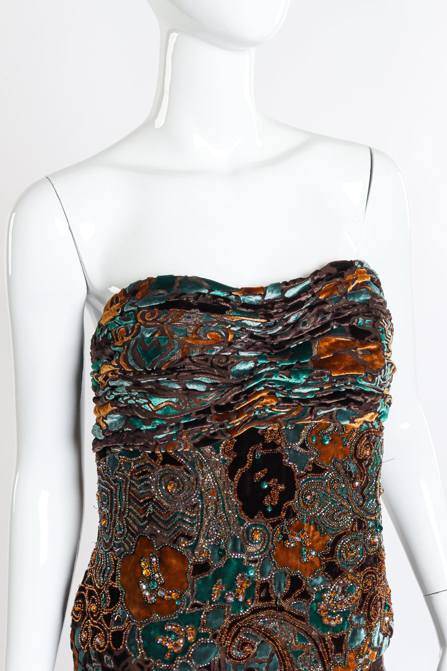 Vintage Michael Casey Strapless Velvet Burnout Gown front on mannequin neckline closeup @recessla 