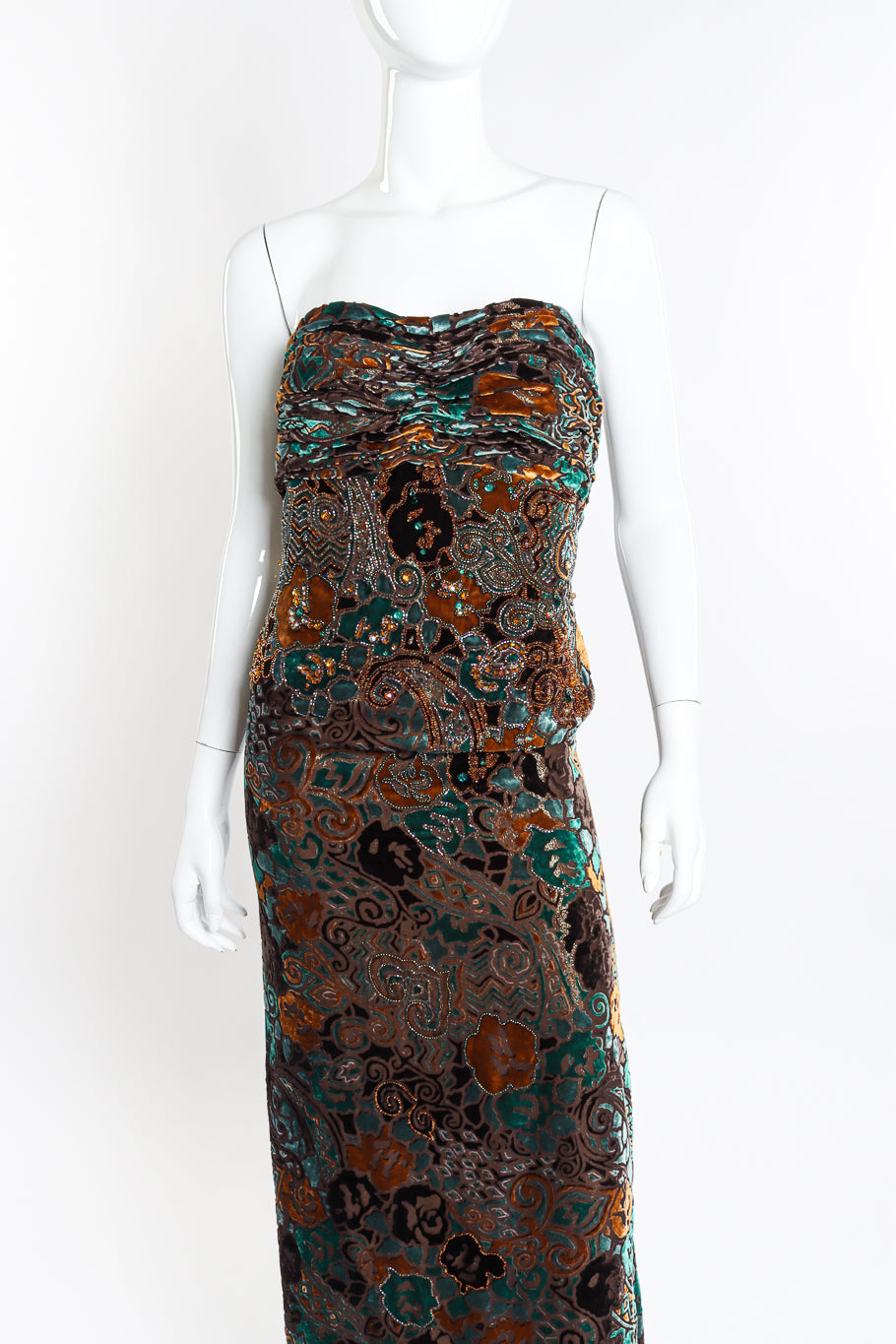 Vintage Michael Casey Strapless Velvet Burnout Gown front on mannequin closeup @recessla