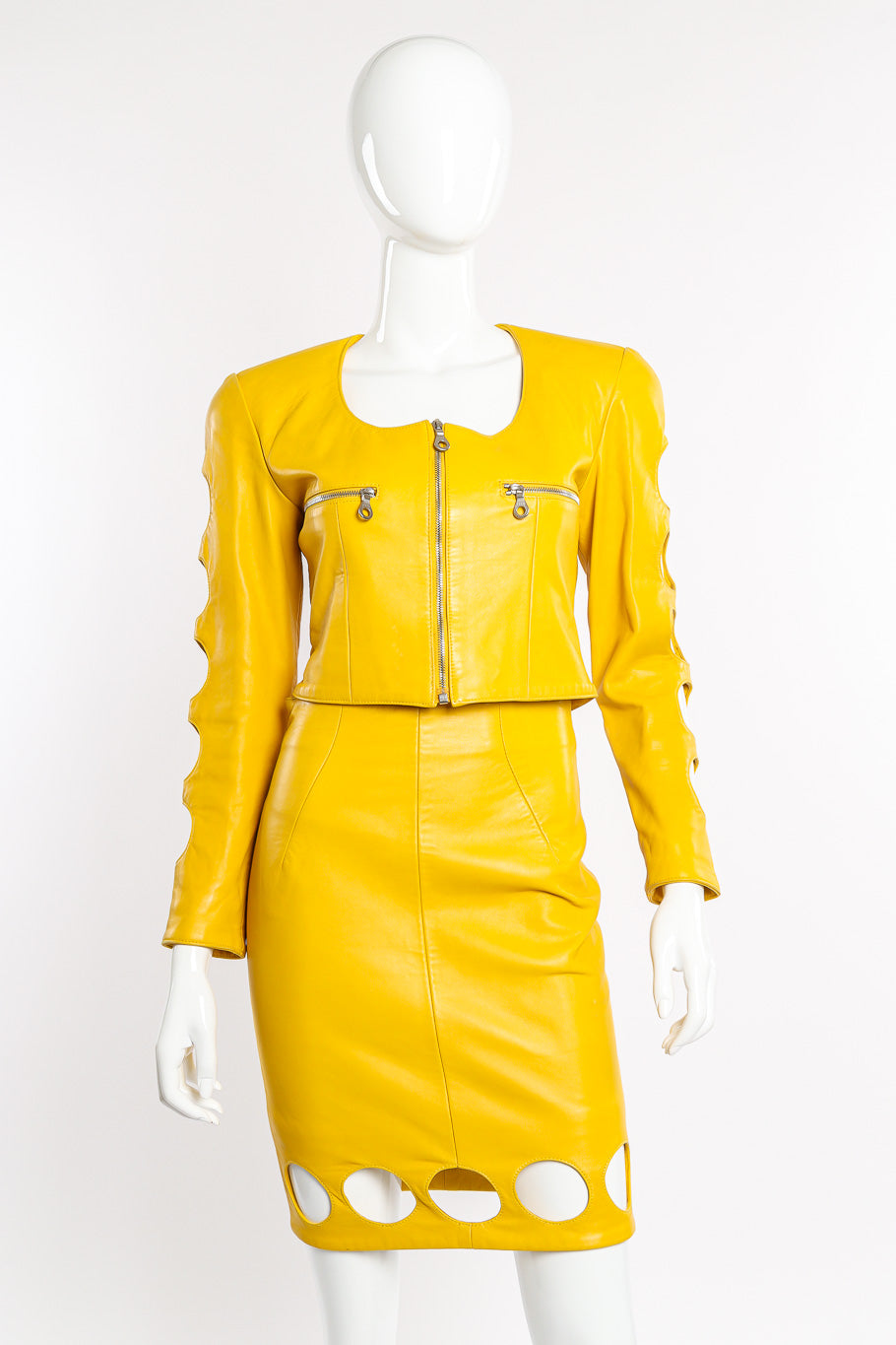 Vintage North Beach Cutout Leather Jacket and Skirt Set front view on mannequin @Recessla