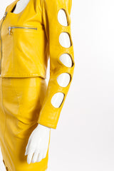 Vintage North Beach Cutout Leather Jacket and Skirt Set side view of cutout sleeve on mannequin closeup @Recessla