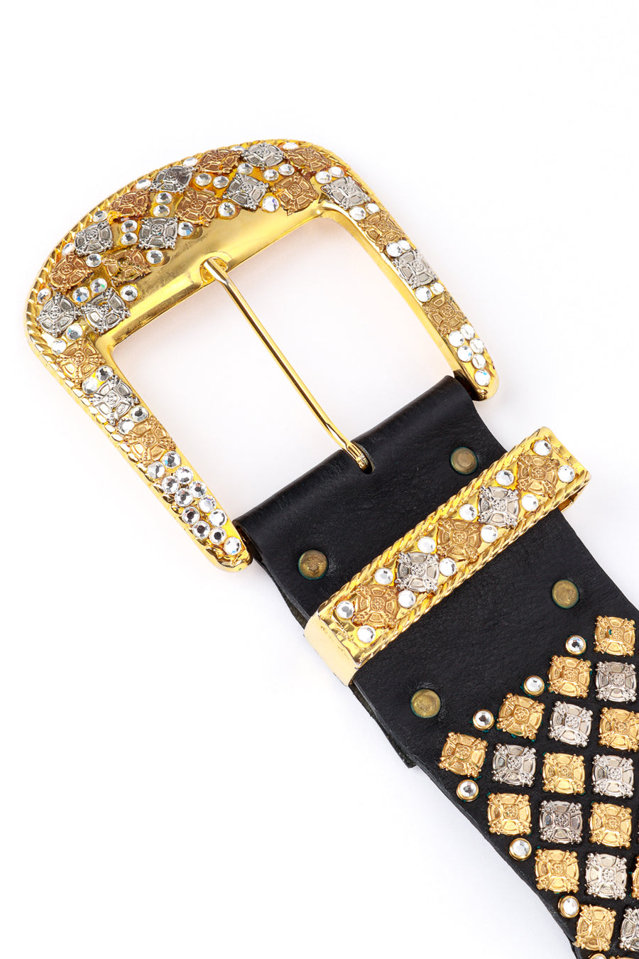 MICHAEL MORRISON MX genuine leather large gold top buckle colorful stone accent belt