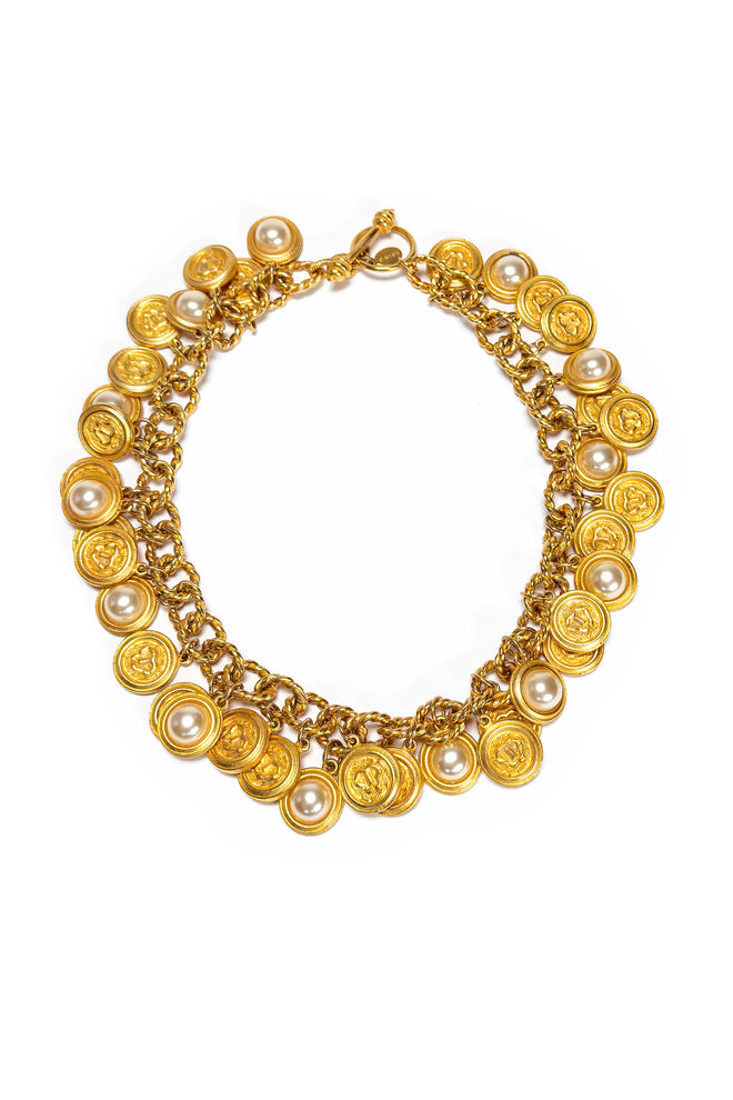 Vintage Mish Lion & Pearl Disc Dangle Collar Necklace front @recess la
