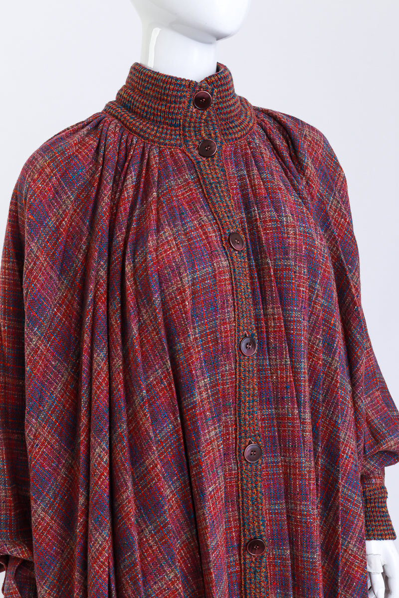 Vintage Missoni Pleated Plaid Wool Cape front on mannequin closeup @recess la