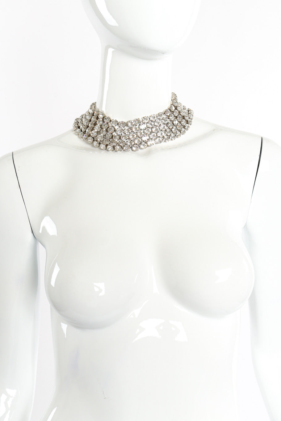 Crystal collar necklace by Miu Miu on white background on mannequin @recessla