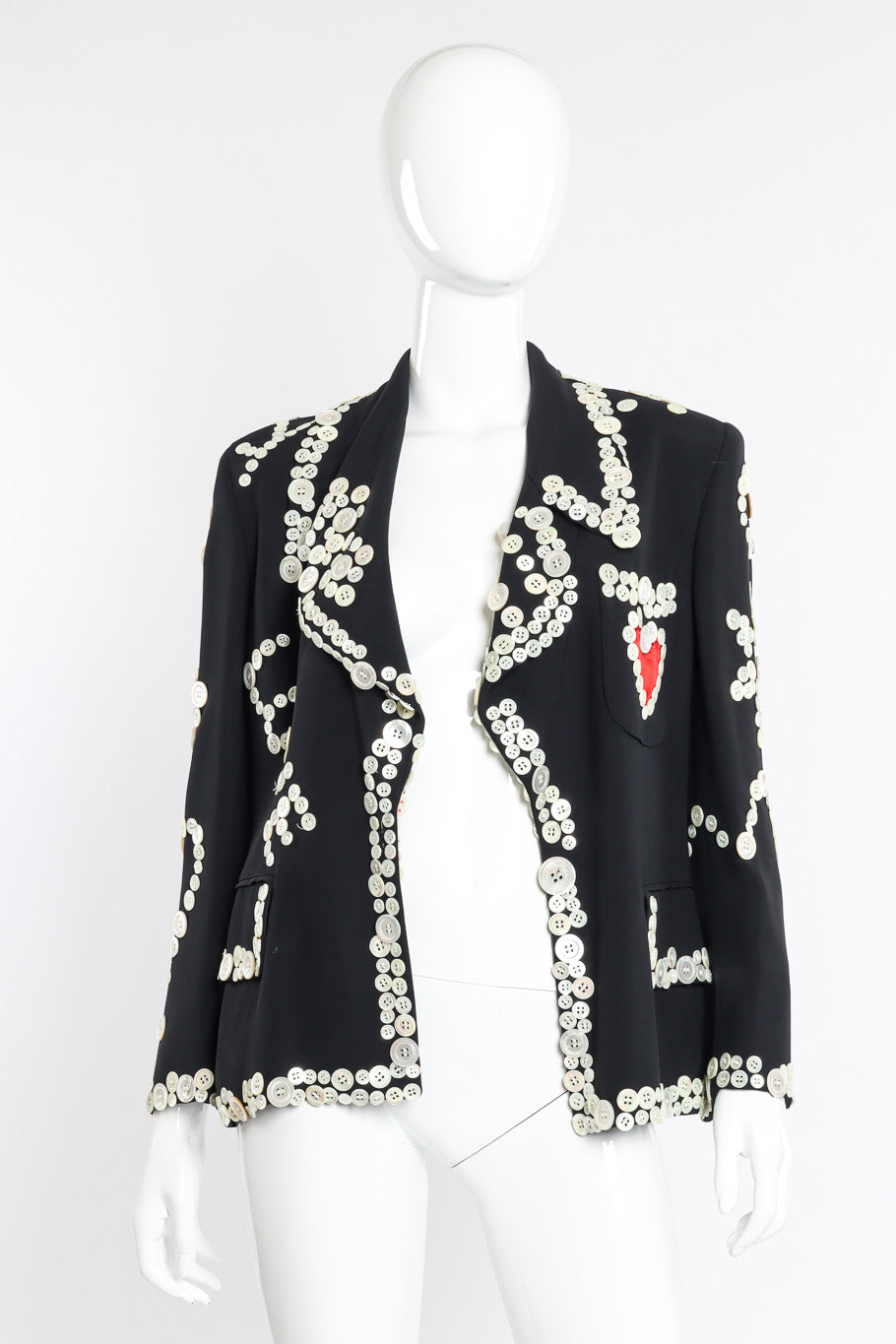Vintage Moschino Mother of Pearl Button Blazer front view unfastened on mannequin @Recessla