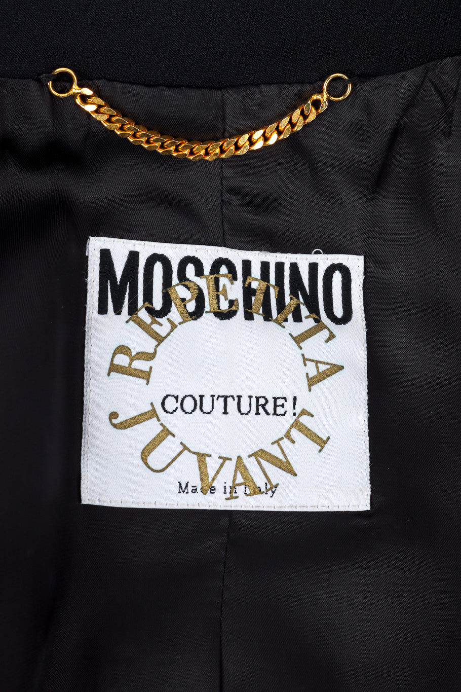 Vintage Moschino Mother of Pearl Button Blazer signature label closeup @Recessla