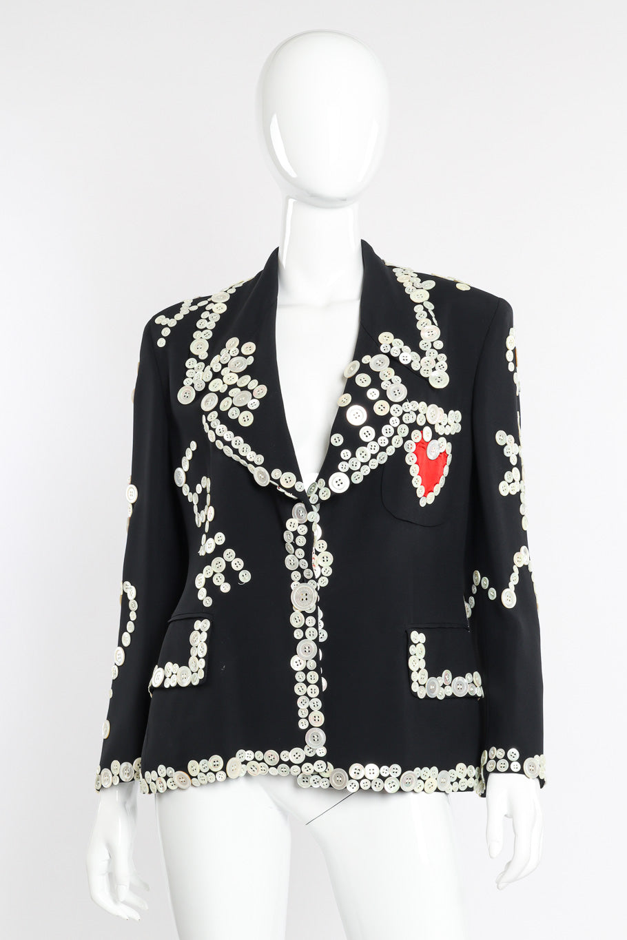 Vintage Moschino Mother of Pearl Button Blazer front view on mannequin @Recessla