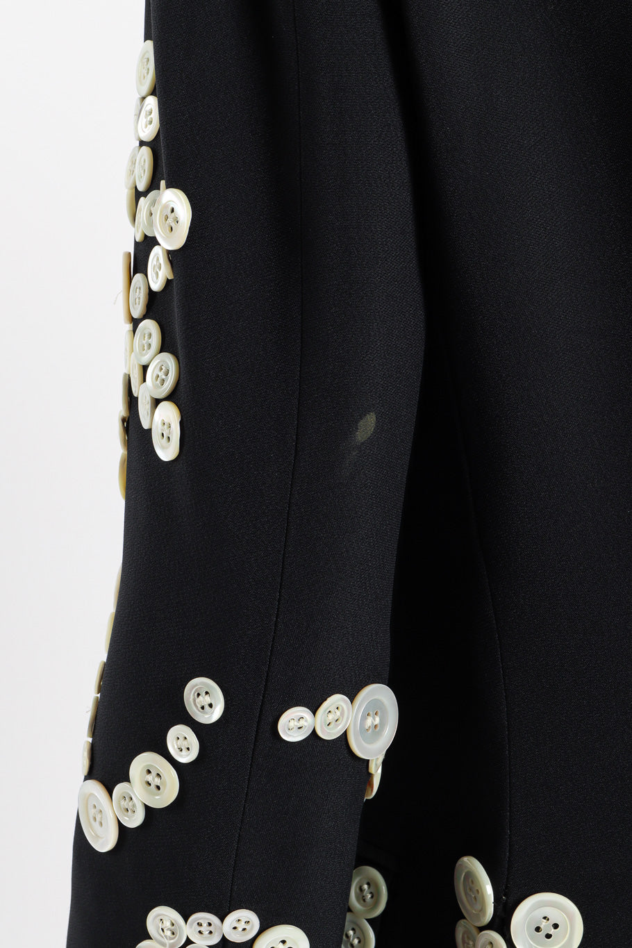 Vintage Moschino Mother of Pearl Button Blazer stain on left sleeve closeup @Recessla