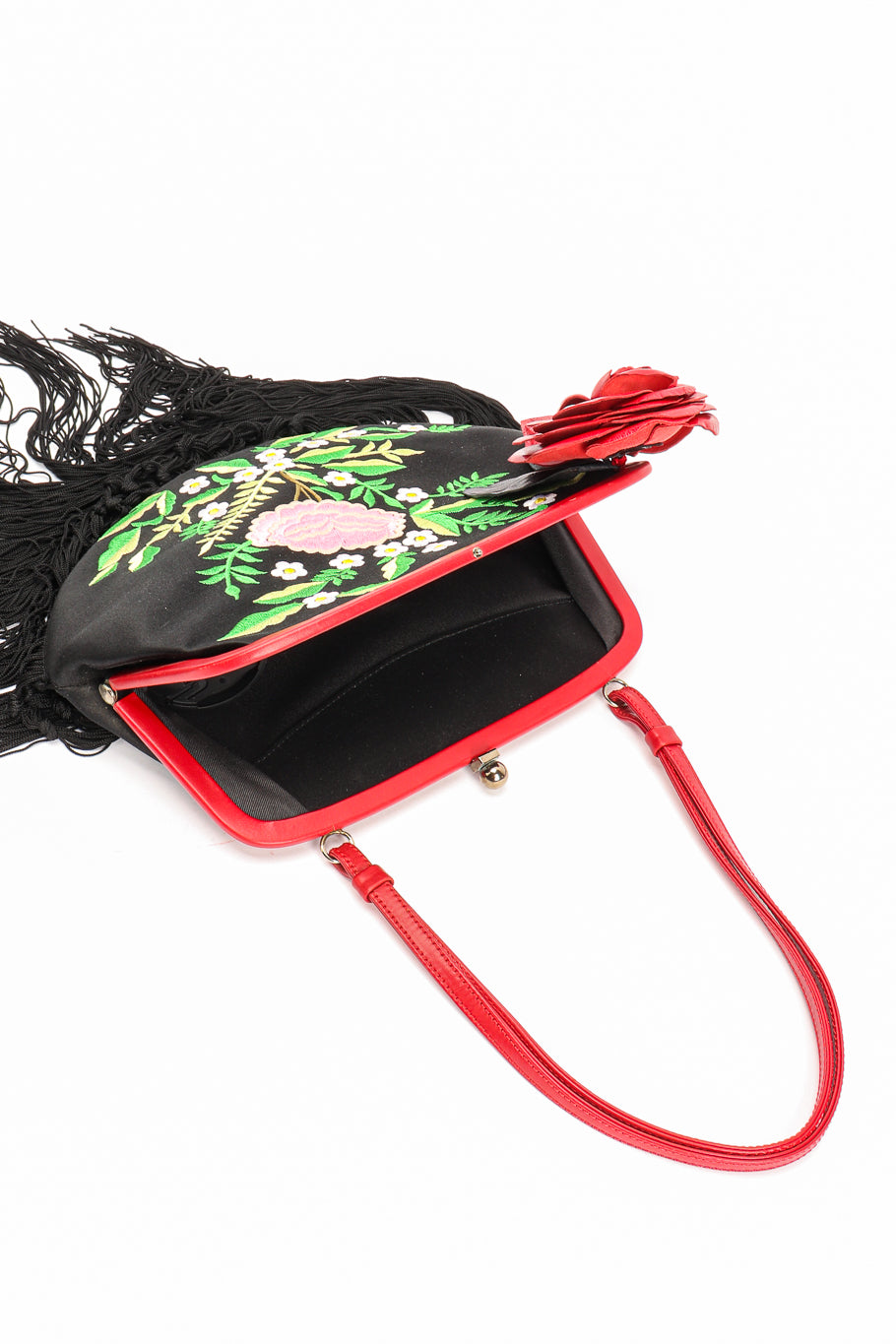 Fringe shoulder bag by Moschino on white background open @recessla