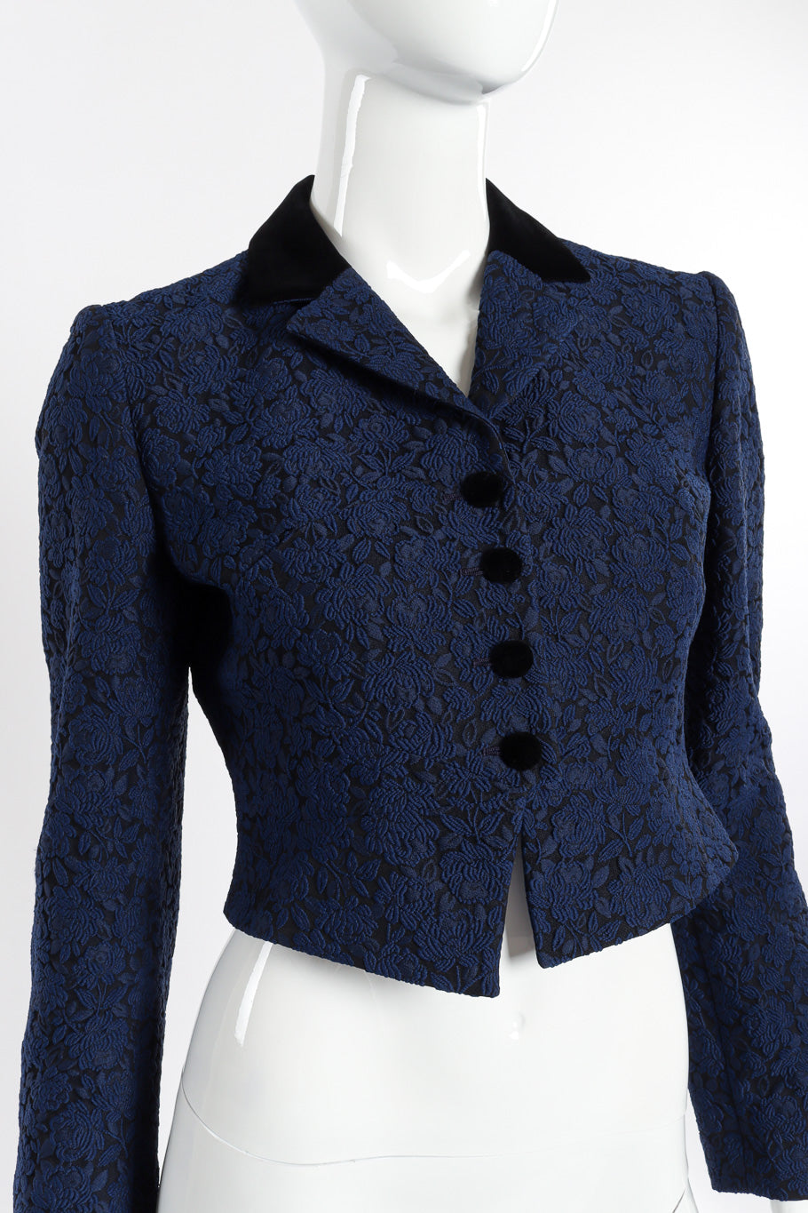 Cropped Floral Brocade Blazer by Moschino on mannequin front close @recessla