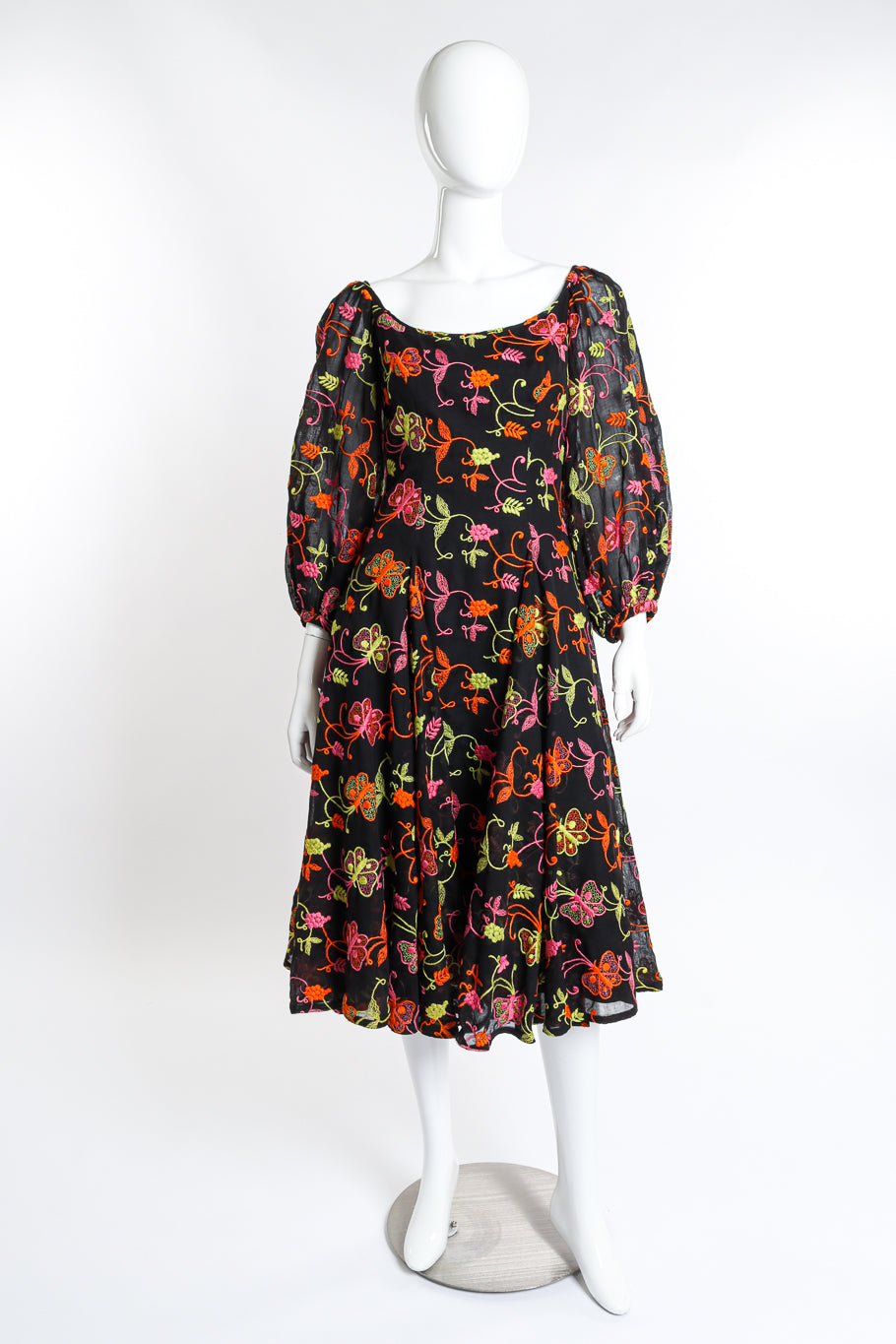Vintage Mr. Blackwell Embroidered Butterfly Peasant Dress front on mannequin @recess la