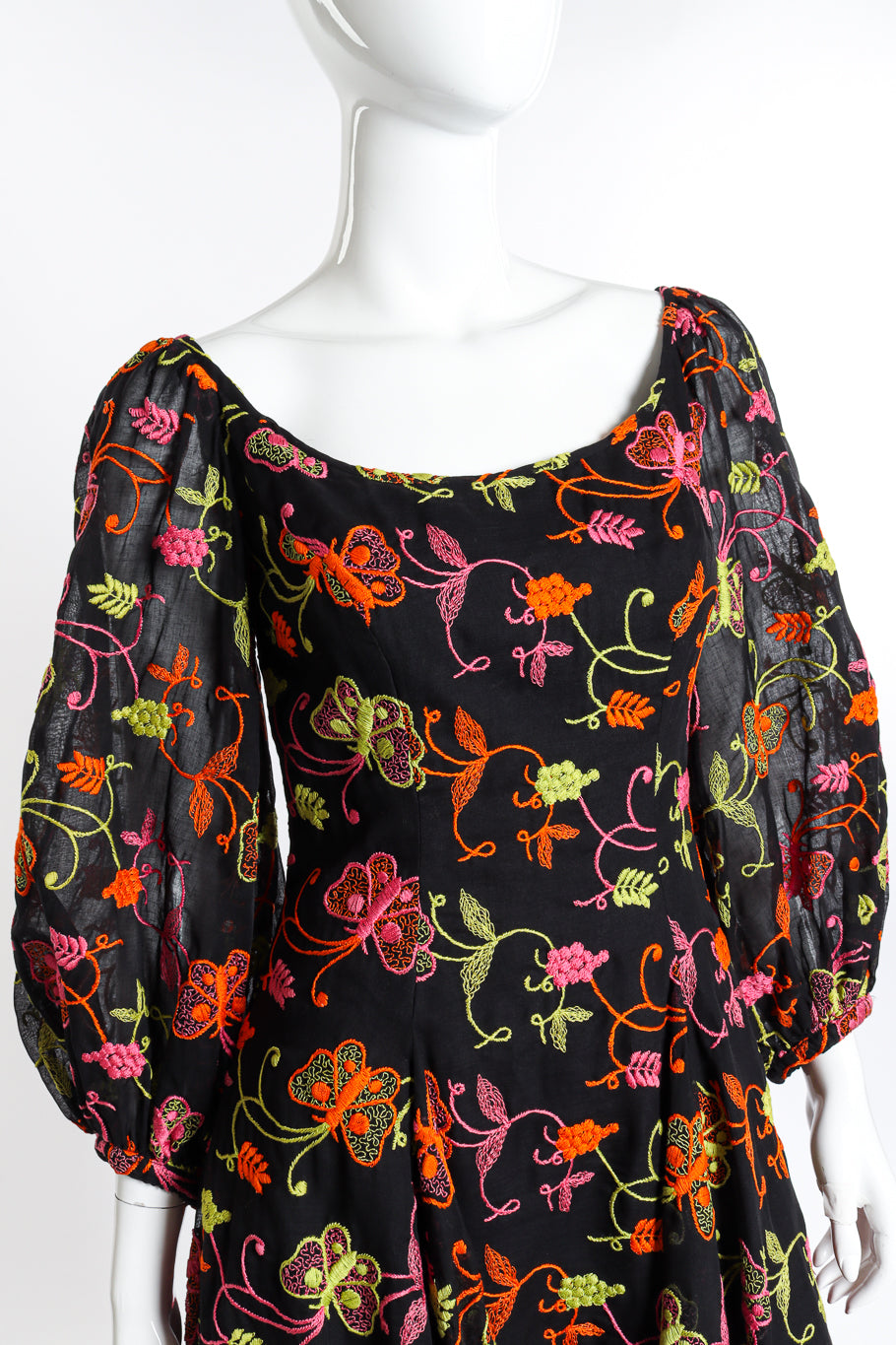 Vintage Mr. Blackwell Embroidered Butterfly Peasant Dress front on mannequin closeup @recess la