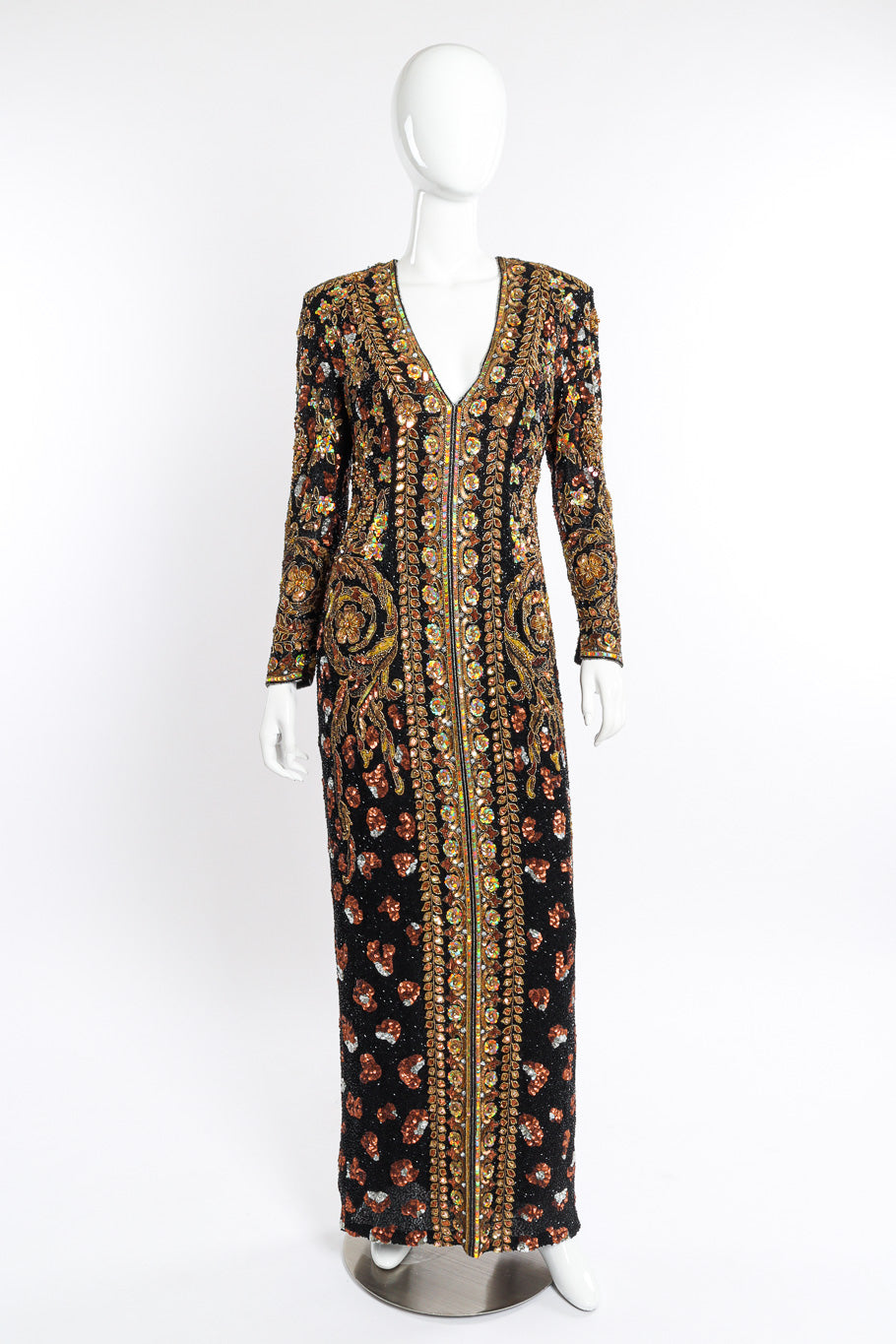 Vintage Naeem Khan Beaded Floral Brocade Gown front on mannequin @recessla