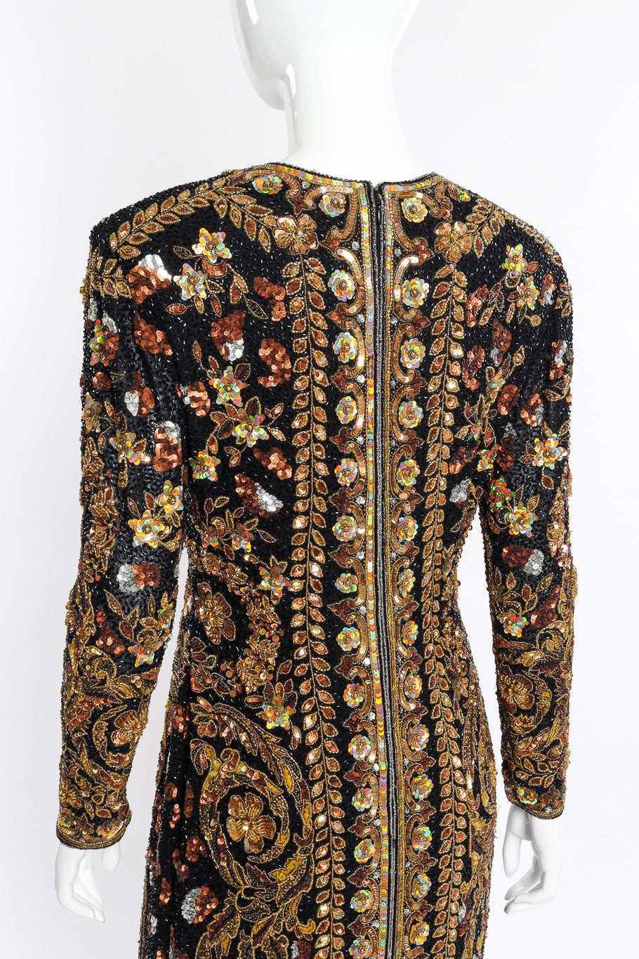 Vintage Naeem Khan Beaded Floral Brocade Gown back on mannequin closeup @recessla