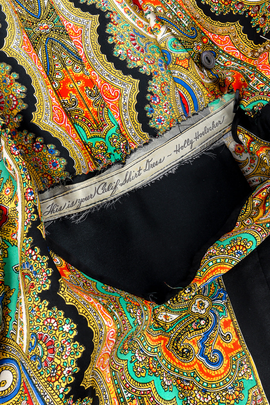 Vintage Holly Hoelscher Silk Paisley Shirt Dress waist ribbon closeup @Recessla