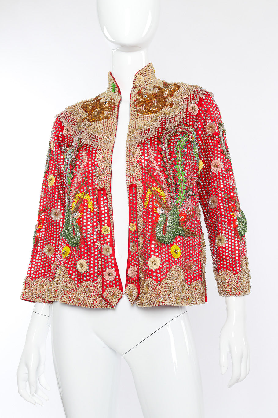 Vintage Dynasty Sequin Dragon Silk Jacket front view closeup on mannequin @Recessla 