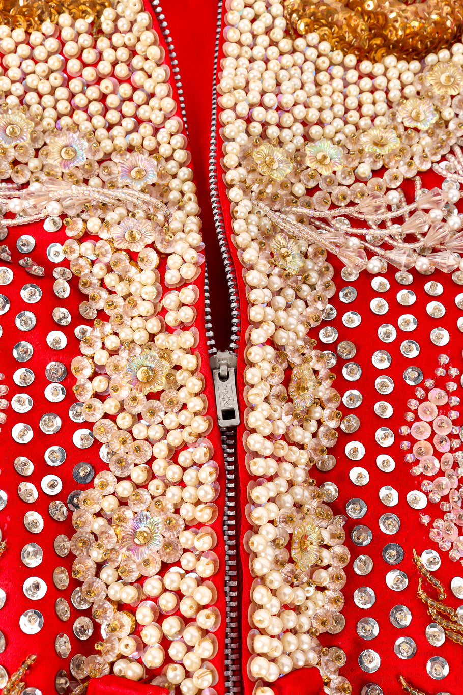Vintage Dynasty Sequin Dragon Silk Jacket front zipper closure closeup @Recessla